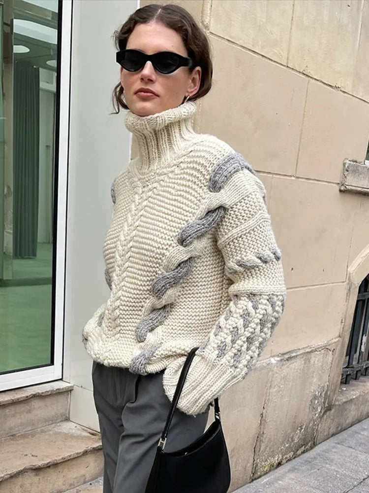 Contrast Twist Knitted Turtleneck Sweater