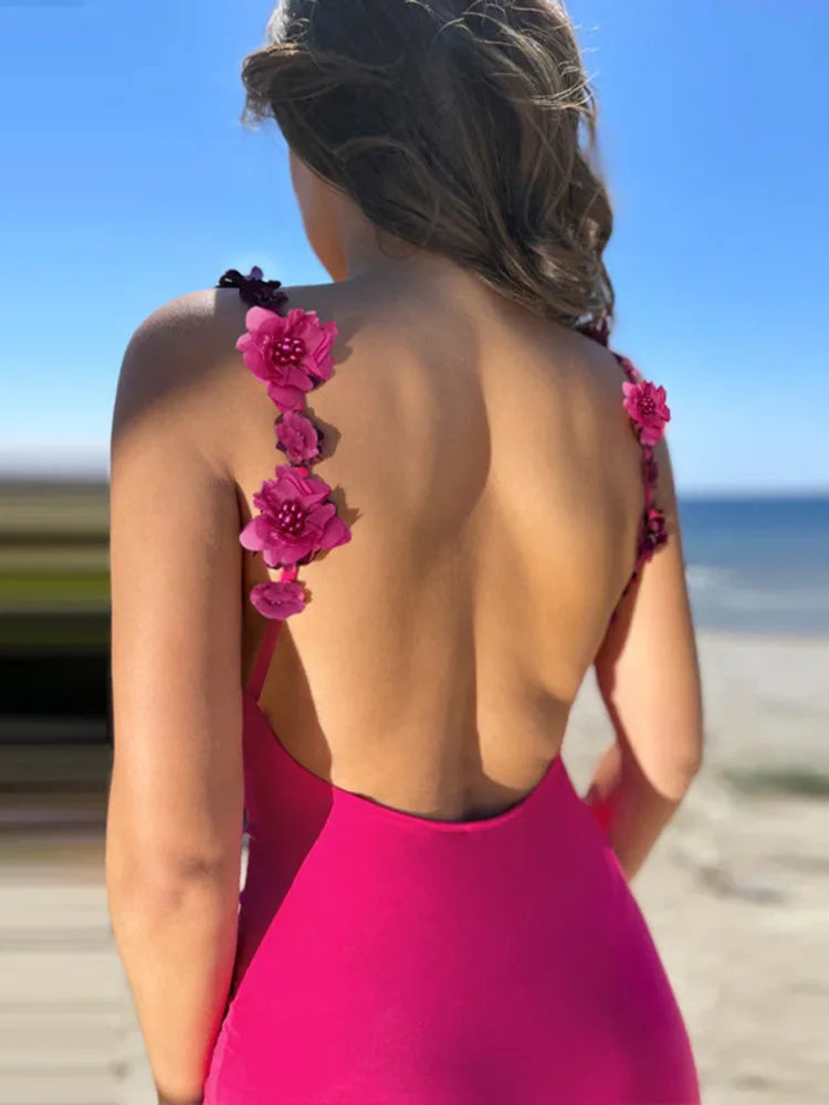 Flower Applique Spaghetti Strap Backless Maxi Dress