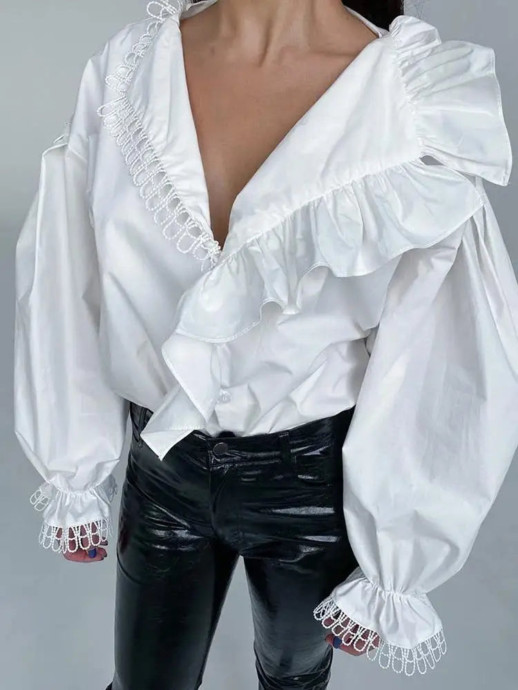 V-neck Asymmetry Frilled Long Sleeve Blouse Shirt