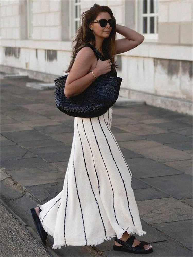 Fringed Striped Knit Long Skirt With High Waist