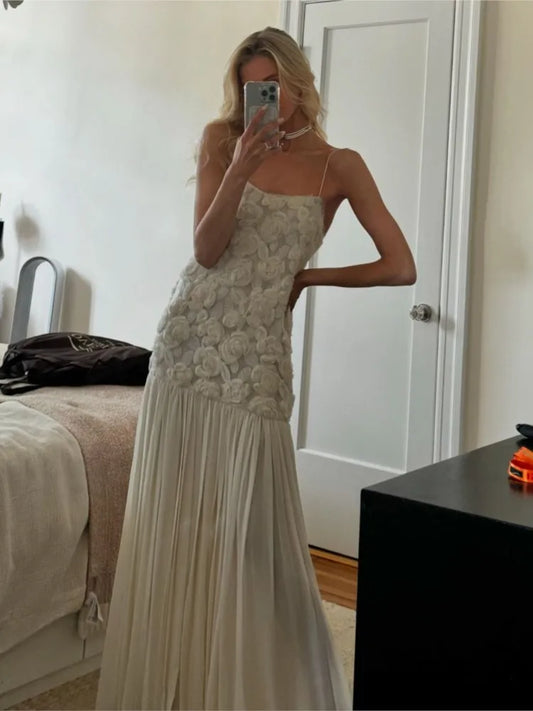 Flower Applique Pleated Slip Dress