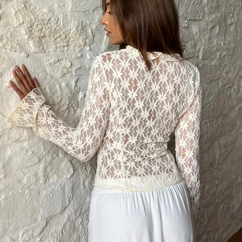 Lace Floral Tops Flare Long Sleeve Tie Front Sheer