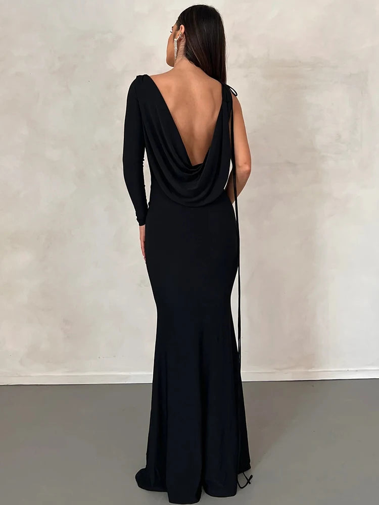 Assymmetric One-Shoulder Long Sleeve Maxi Dress