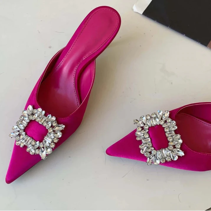 Rhinestone Crystal Silk Mules Pointed Toe High Heel