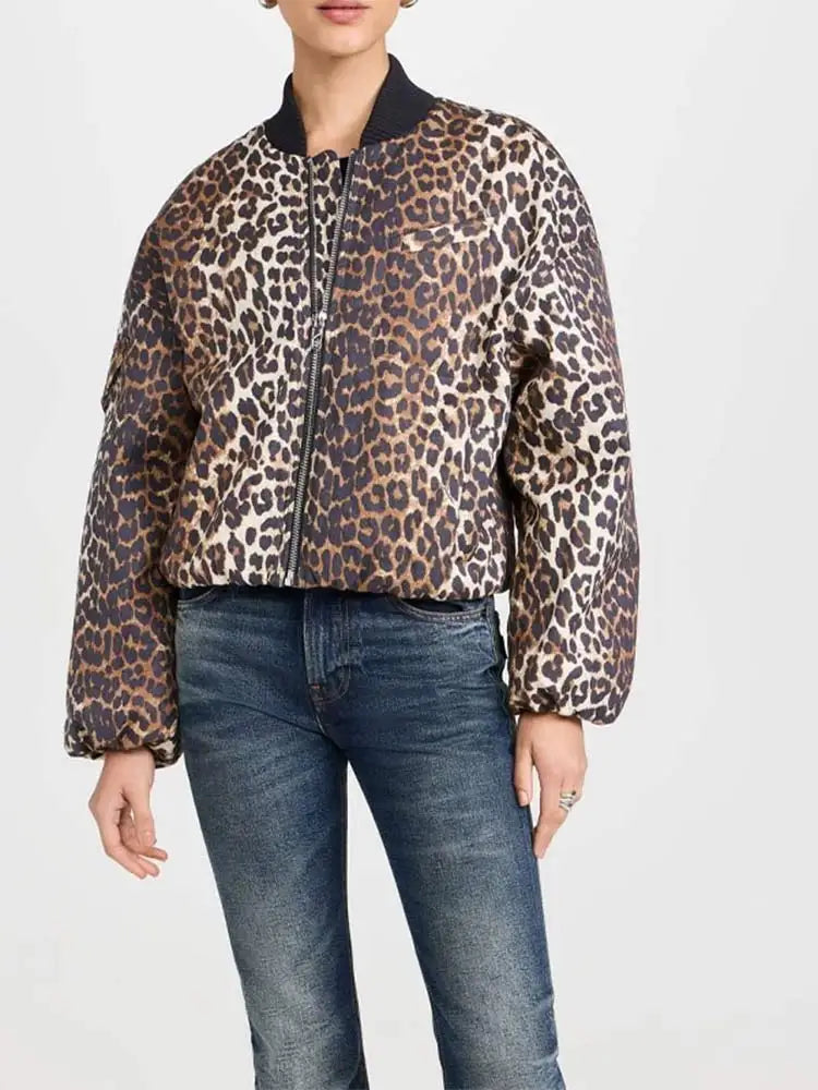 Leopard Printed Oversized Padded Short Jacket