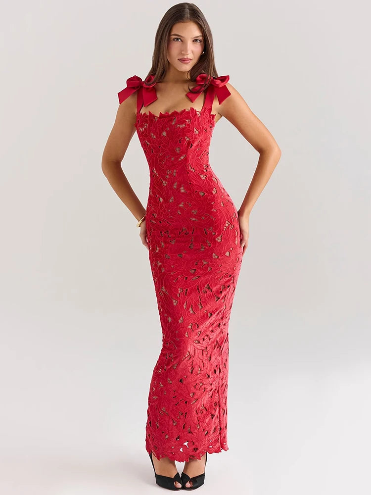 Bow Decorated Lace Maxi Dress