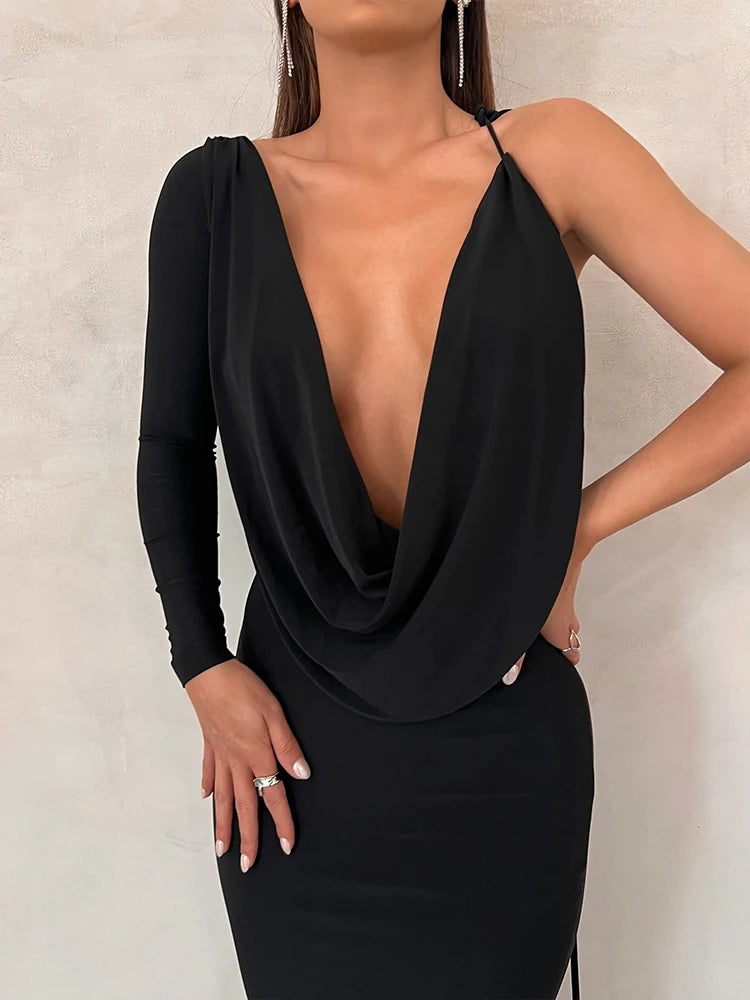 Assymmetric One-Shoulder Long Sleeve Maxi Dress