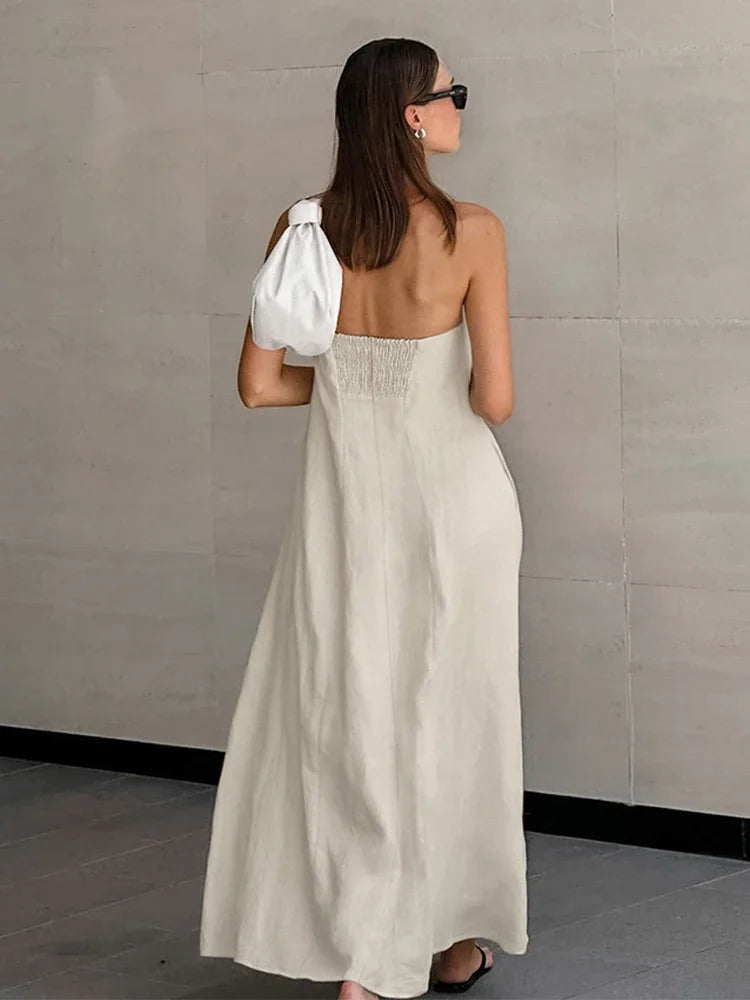 Cotton Linen Strapless Long Dress With Pockets