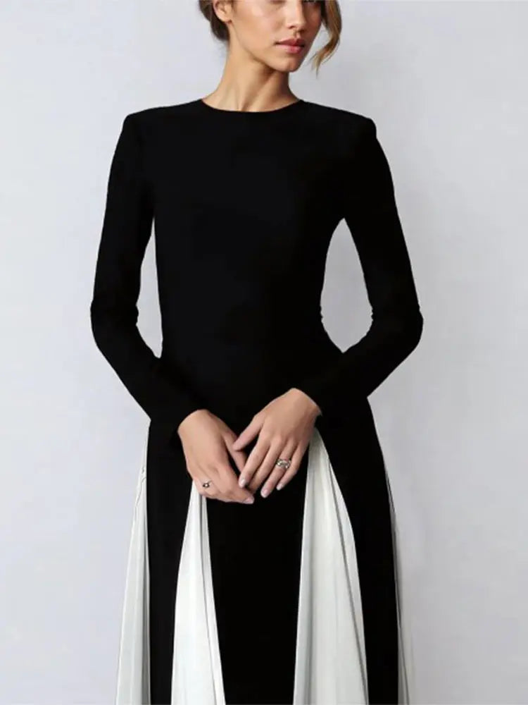 Long Sleeve Contrast Mesh A-line Maxi Dress