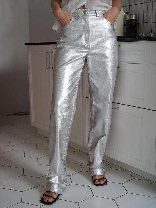 Waxed Leather Effect Golden Straight Pants