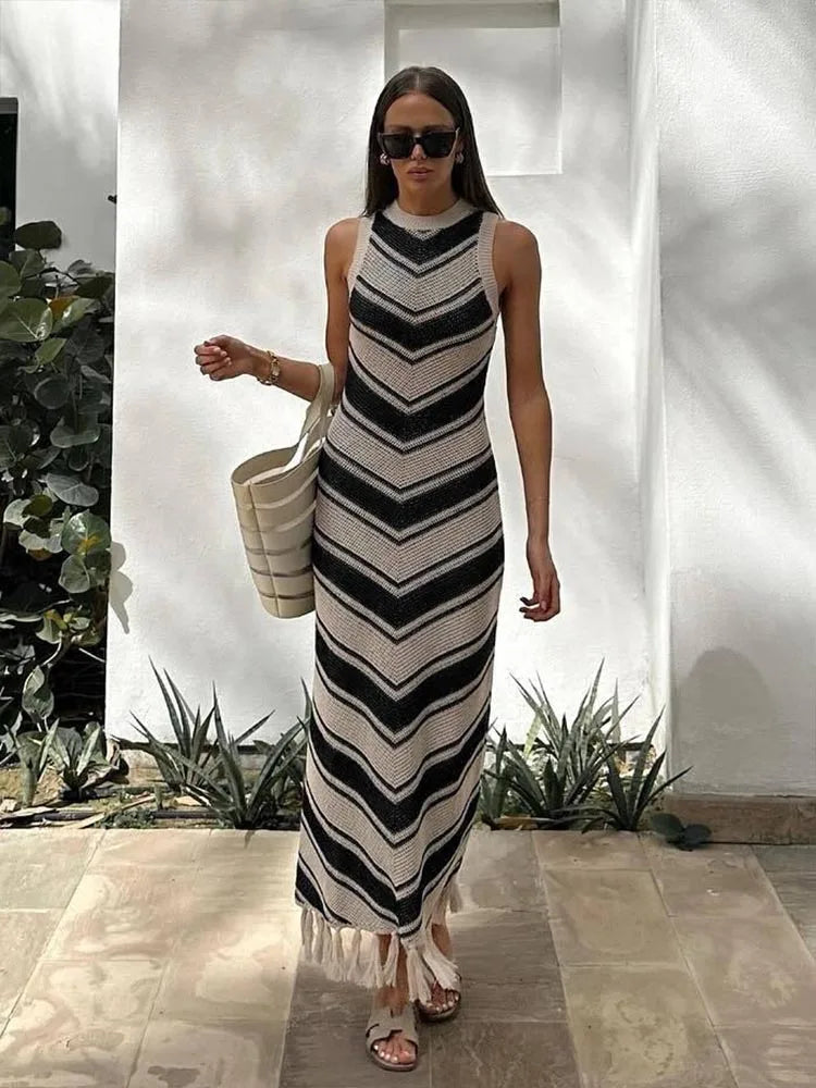 Striped Knitted Long Dress With Tassel