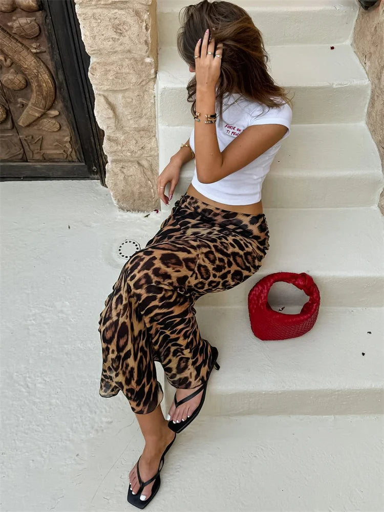 Leopard Printed High Waist Satin Maxi Skirt