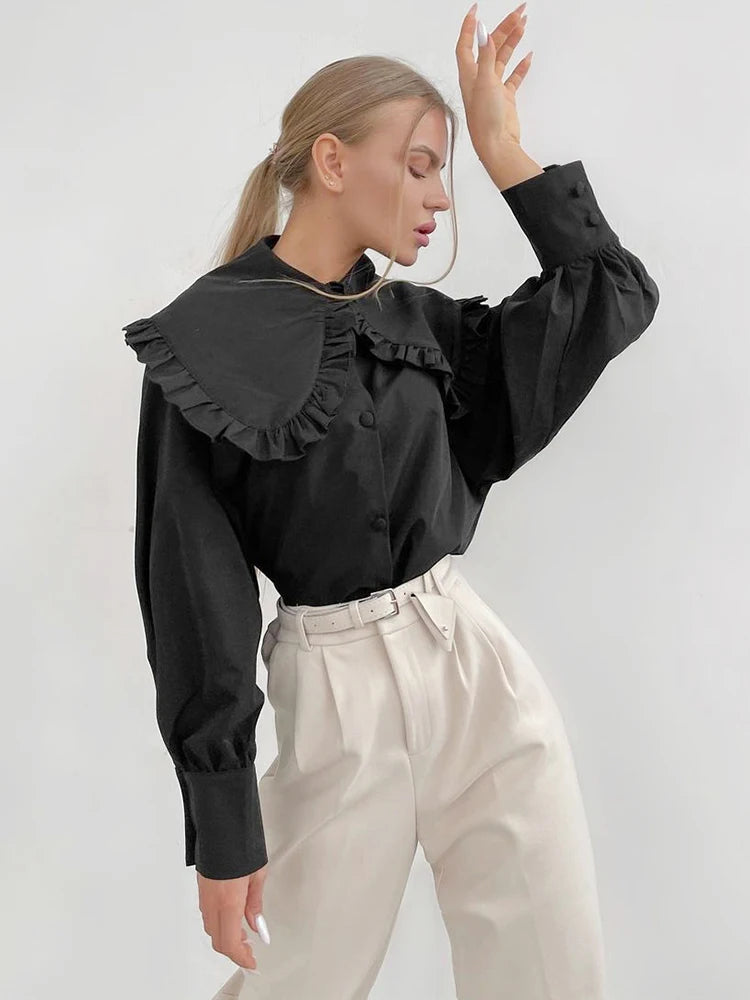 Ruffle Collar Blouse Long Sleeve Cotton Casual