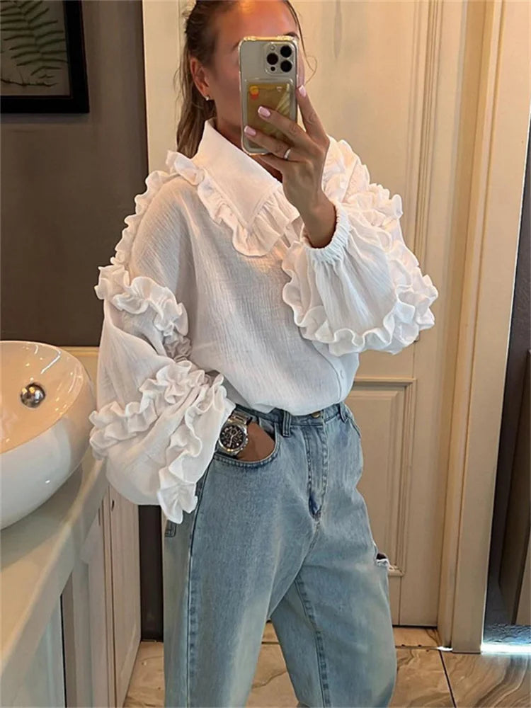 White Ruffled Casual Shirts Lapel Long Sleeve