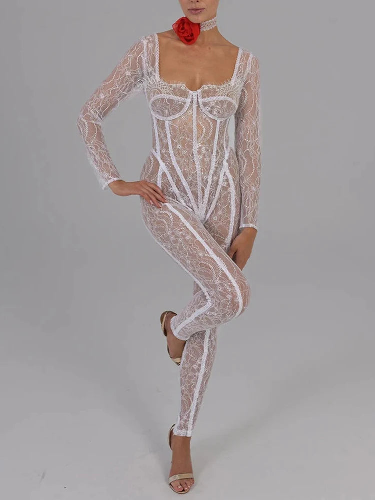 Lace Catsuit Long Sleeve Sexy Jumpsuit Square Collar