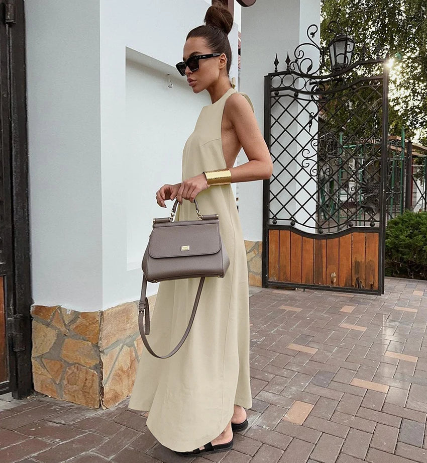 Halter Neck Khaki Sexy Backless Midi Dress