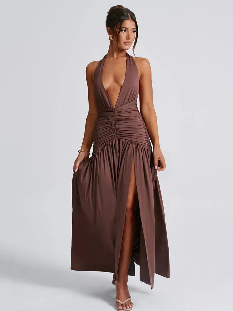 Deep V pleated Split Maxi Dress