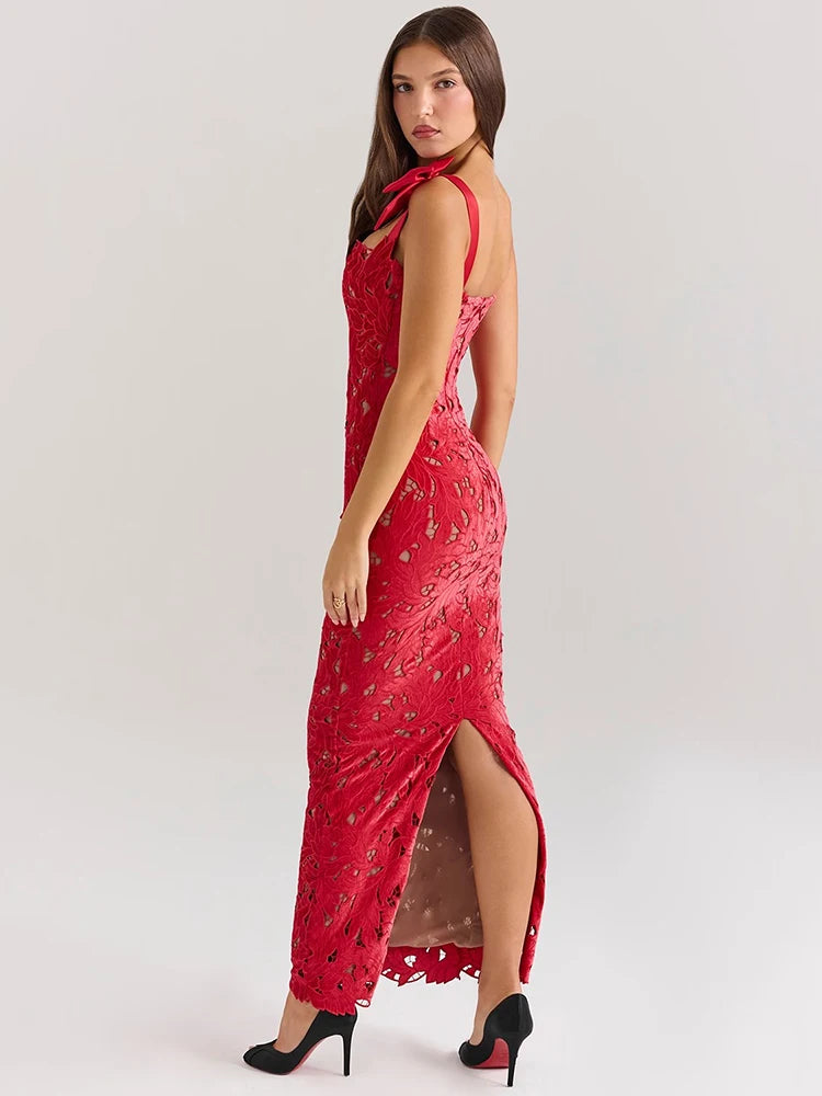 Bow Decorated Lace Maxi Dress