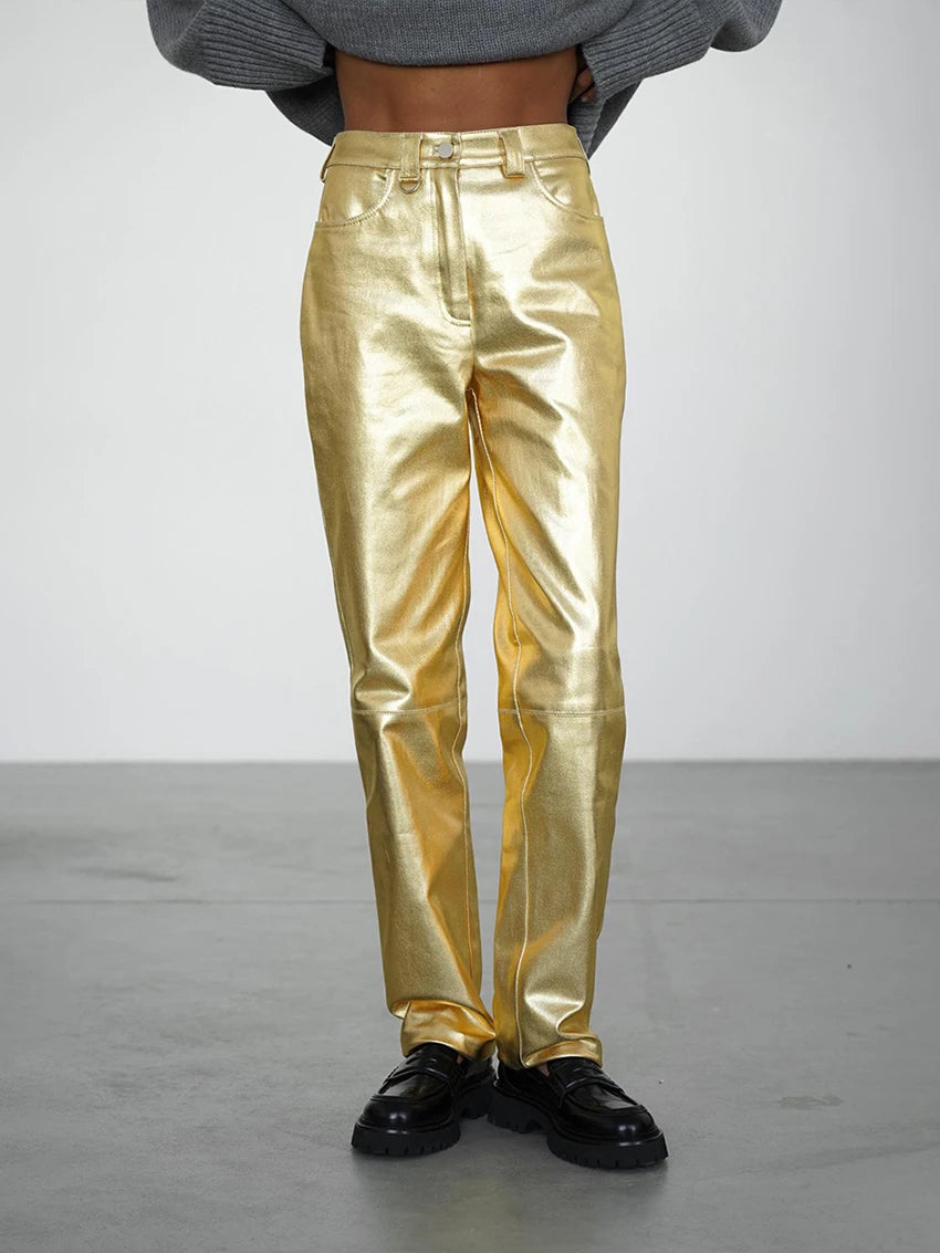 Waxed Leather Effect Golden Straight Pants