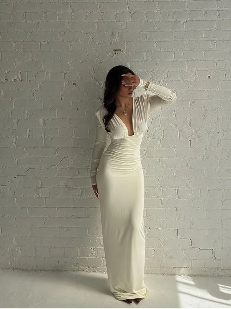 Deep V Neck Drapped Long Sleeve Jersey Maxi Dress