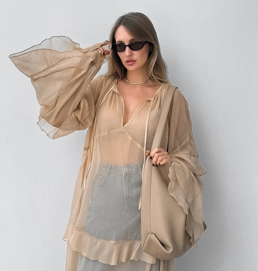 Frilled Batwing Sleeve Flowy Transparent Dress