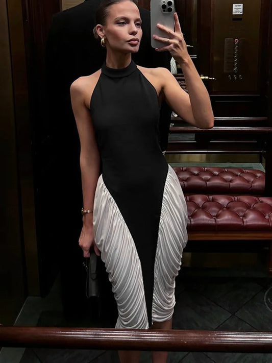 Halter Ruched Backless Midi Dress