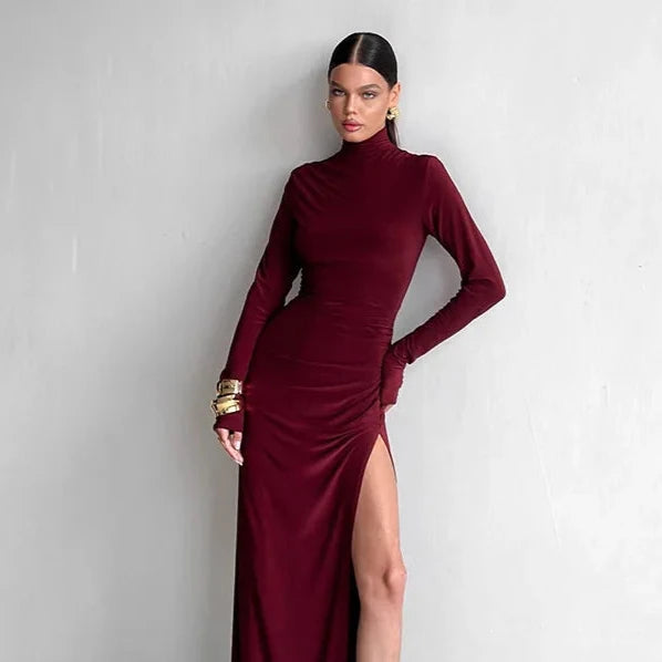 High Split Long Sleeve Maxi Dress Turtleneck