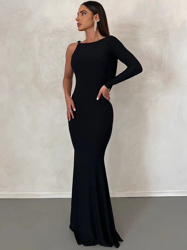 Assymmetric One-Shoulder Long Sleeve Maxi Dress