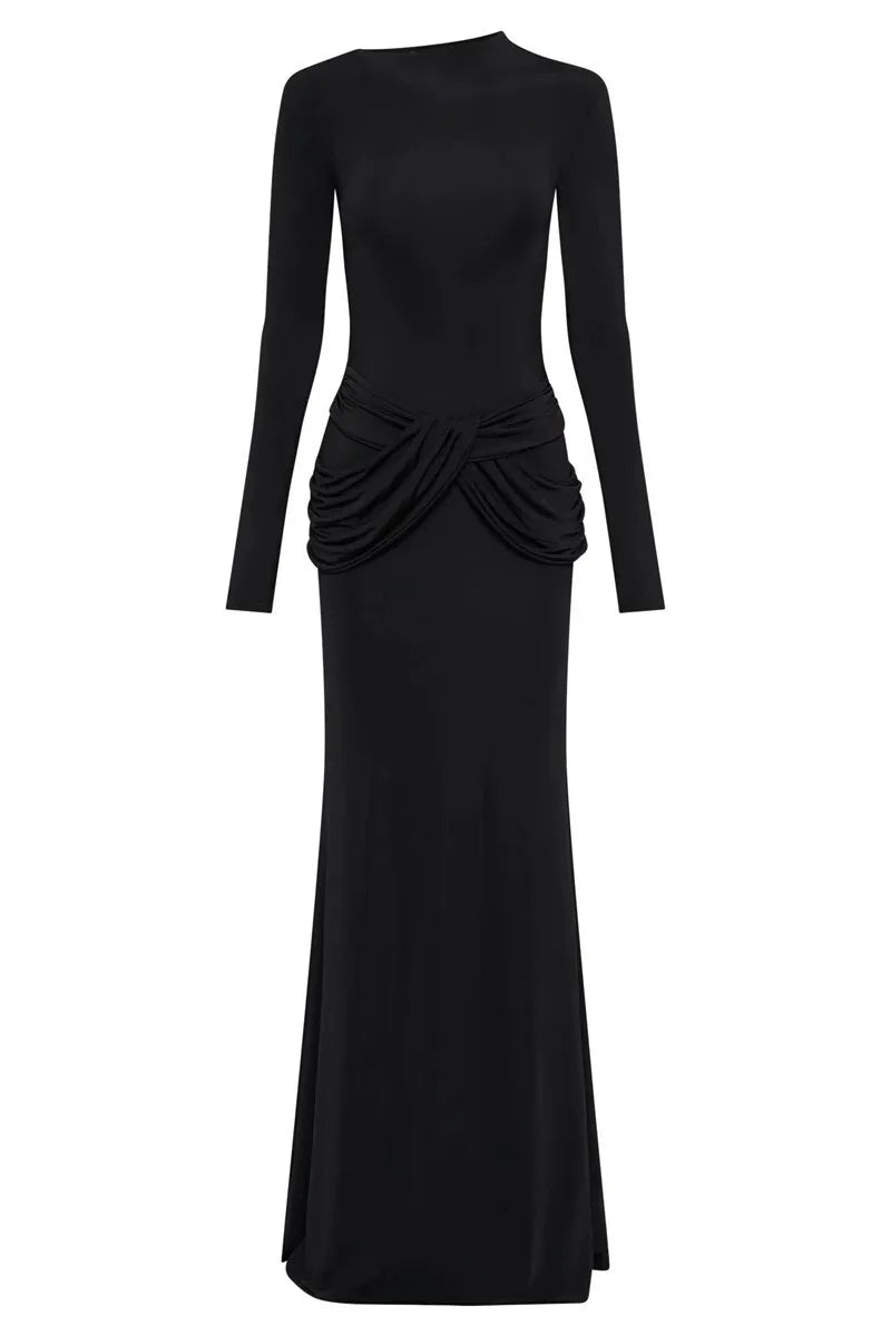 Boat Collar With Drapped Waist Long Sleeve Maxi Dress