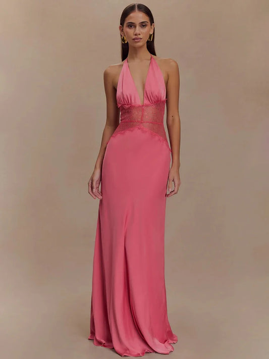 Halter Deep V Neck With Lace Backless Maxi Dress