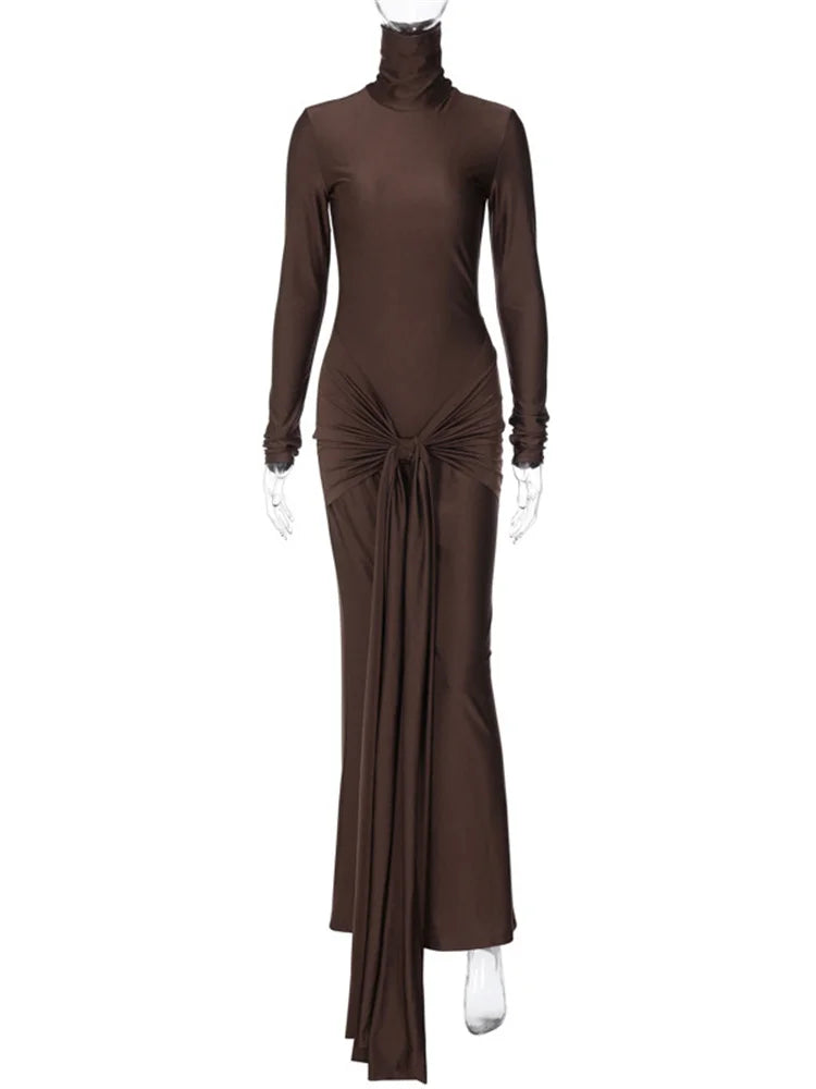 Bandage Spring Maxi Dress Slim Pleated Long Sleeve