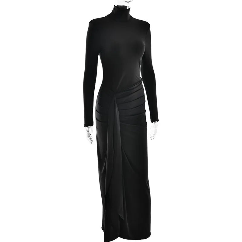 Turtleneck With Side Split And  Shoulder Pads Maxi Dress