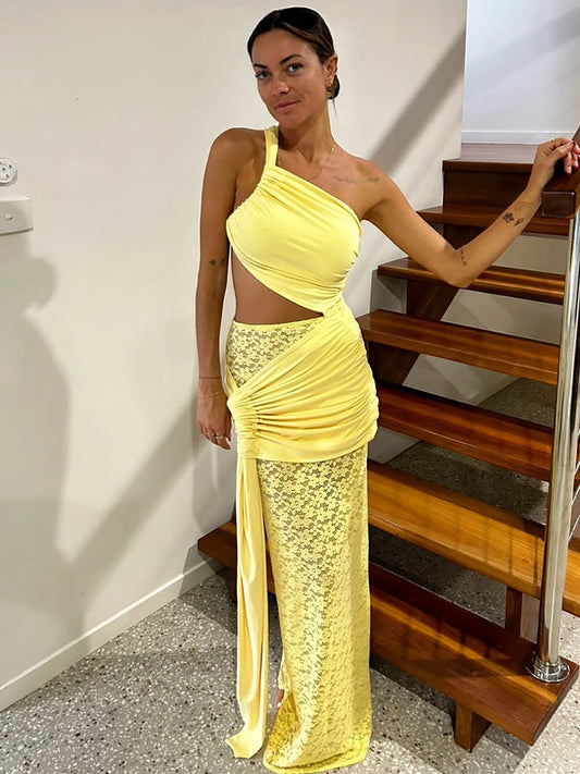 Asymmetric Ruched Maxi Dress With Lace