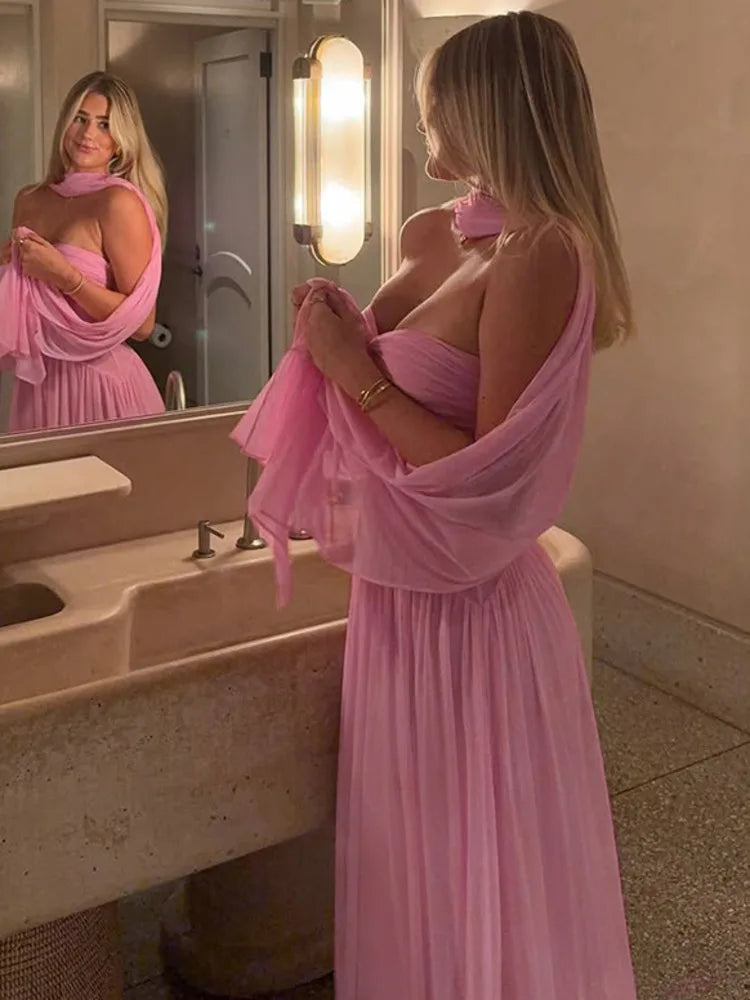 Off-shoulder Plated Mesh Long Dress
