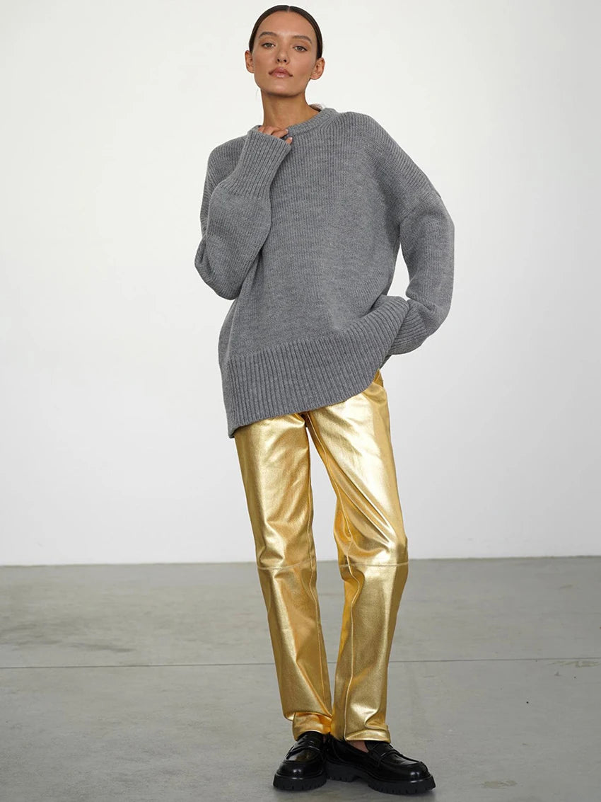 Waxed Leather Effect Golden Straight Pants