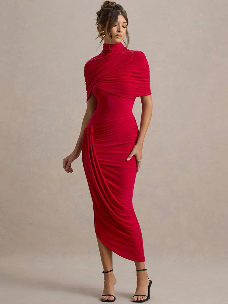 Half Sleeve Backless Ruched Midi Dress