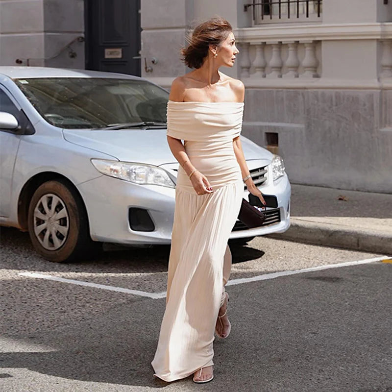 Off Shoulder Drapped Neck Pleated Maxi Dress