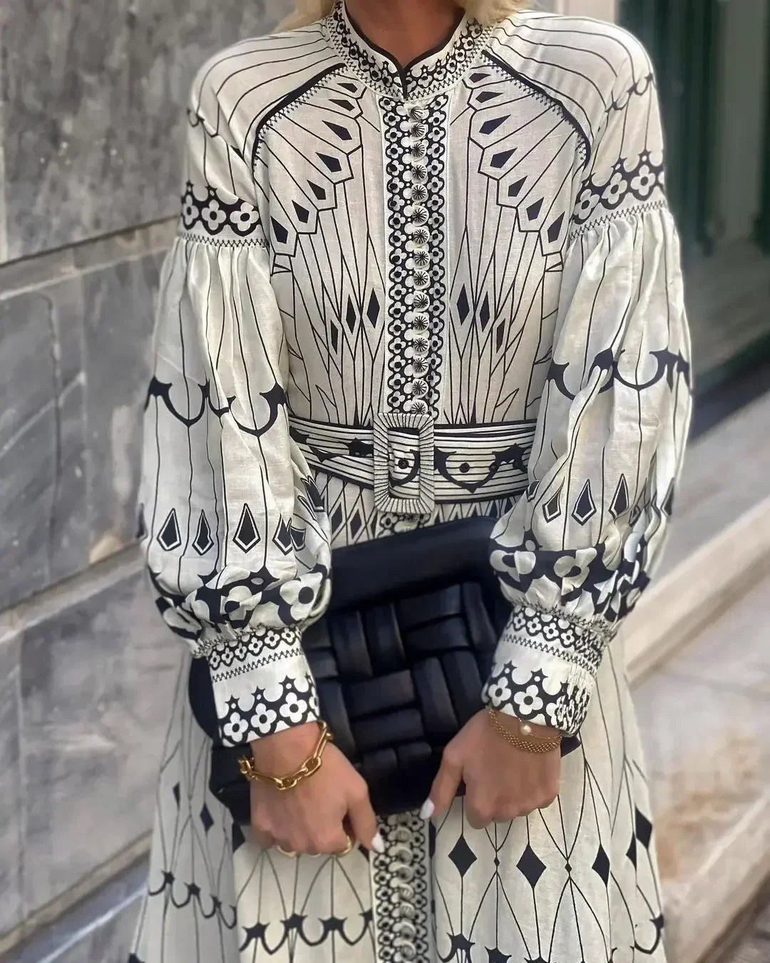 Printed Wide Sleeve With Belt Boho Dress