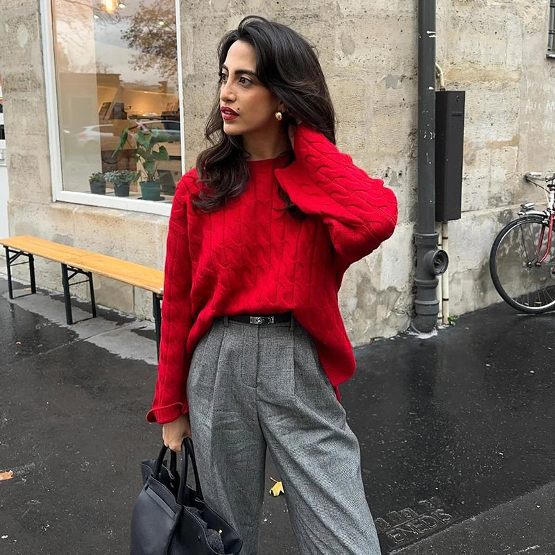 Red Knitted Oversized Cable Sweater