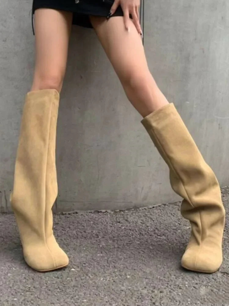 Heeled Knee High Boots Round Toe