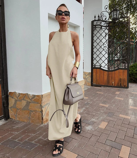 Halter Neck Khaki Sexy Backless Midi Dress