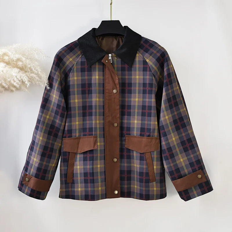 Plaid Patchwork Barn Jacket Lapel Long Sleeve Casual Coat