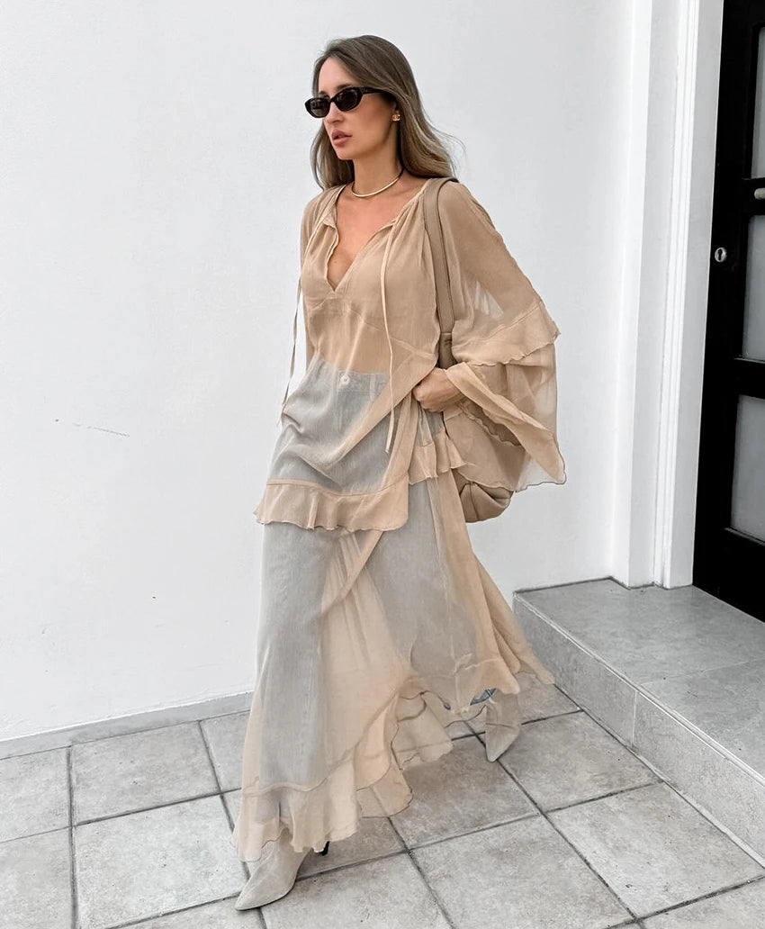 Frilled Batwing Sleeve Flowy Transparent Dress