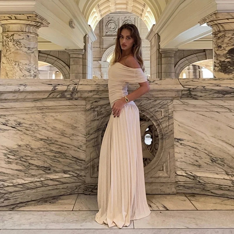 Off Shoulder Drapped Neck Pleated Maxi Dress