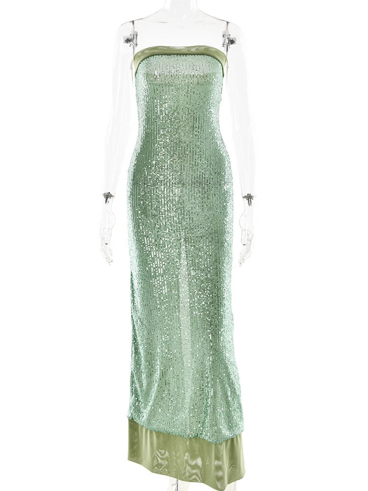 Glitter Sequins Sparkling Maxi Green Off Shoulder Evening Dress