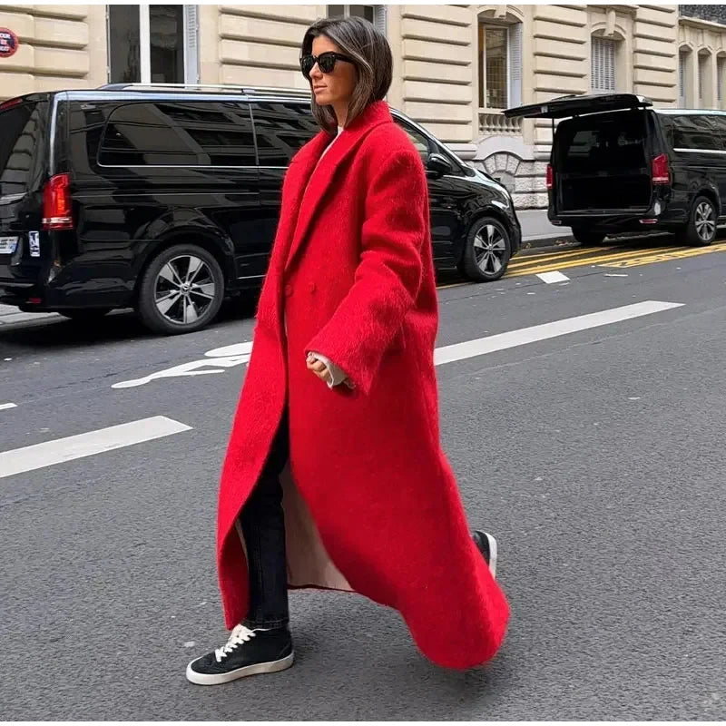 Red Lapel Long Wool Coat