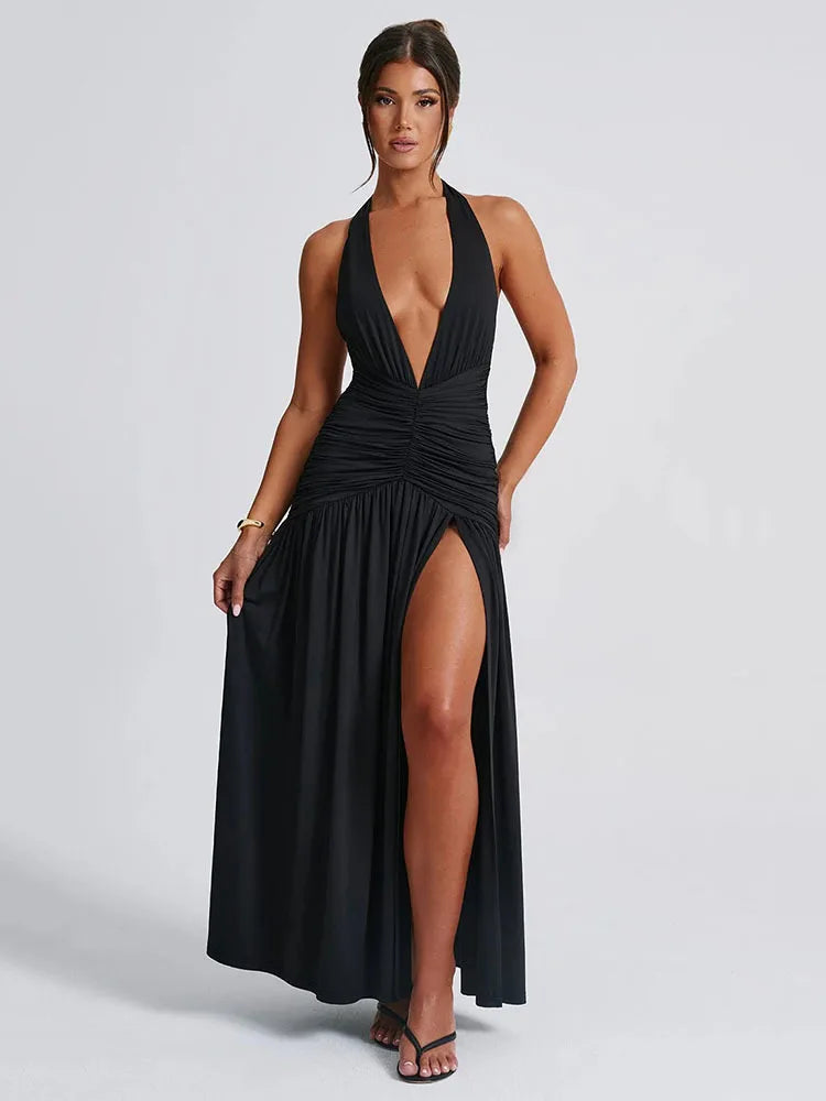 Deep V pleated Split Maxi Dress