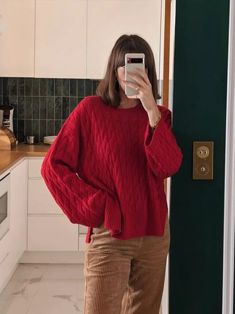 Red Knitted Oversized Cable Sweater