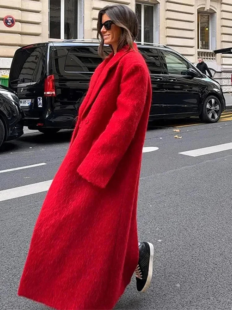 Red Lapel Long Wool Coat