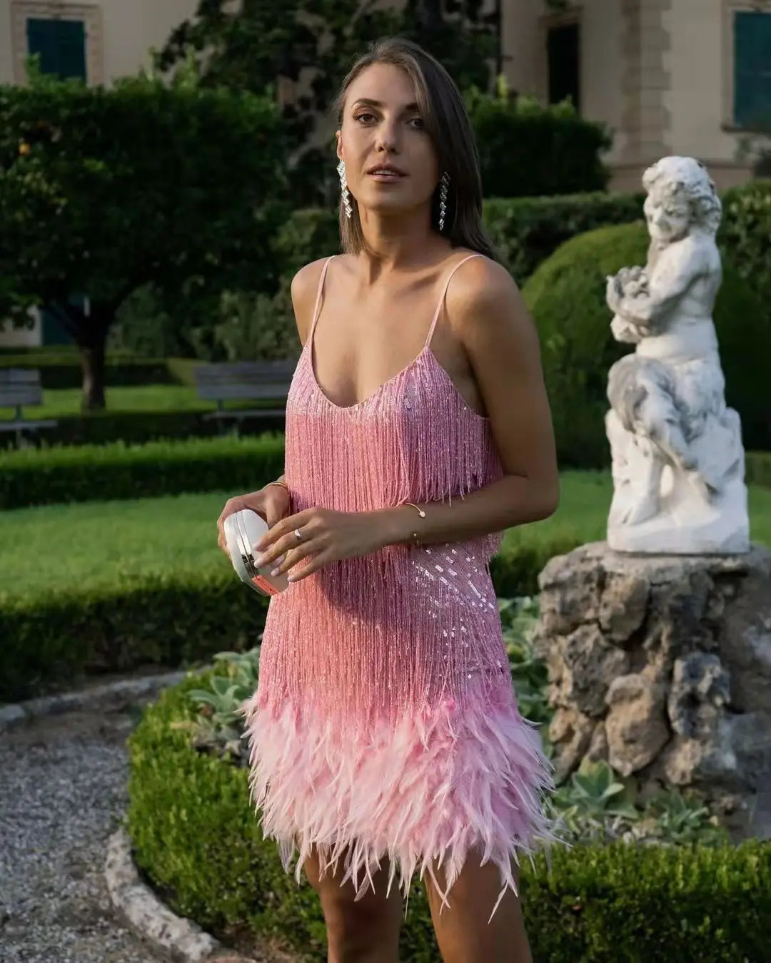 Fringe Feather Sequins Strap Mini Dress
